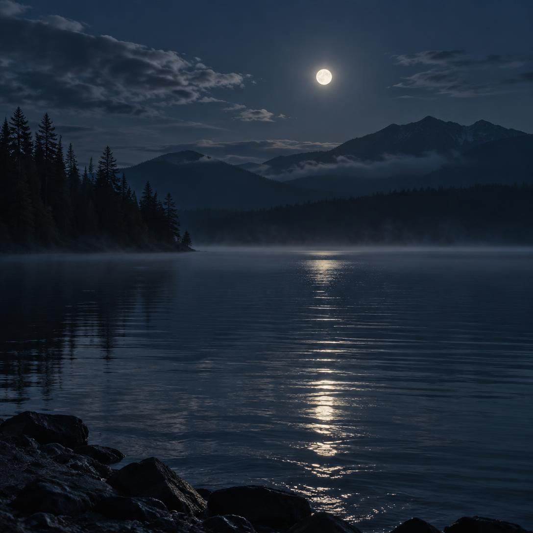 Tanwax Lake at night, moonlight on still water with a pine treeline