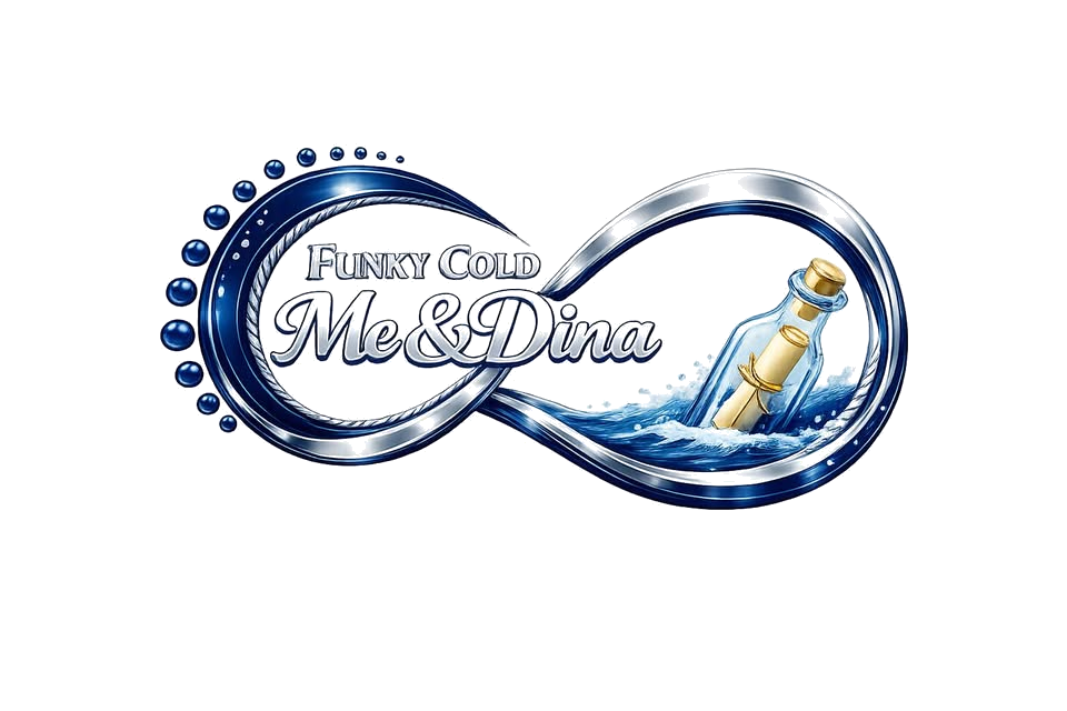 Funky Cold Me&Dina logo: a chrome infinity loop with a message in a bottle